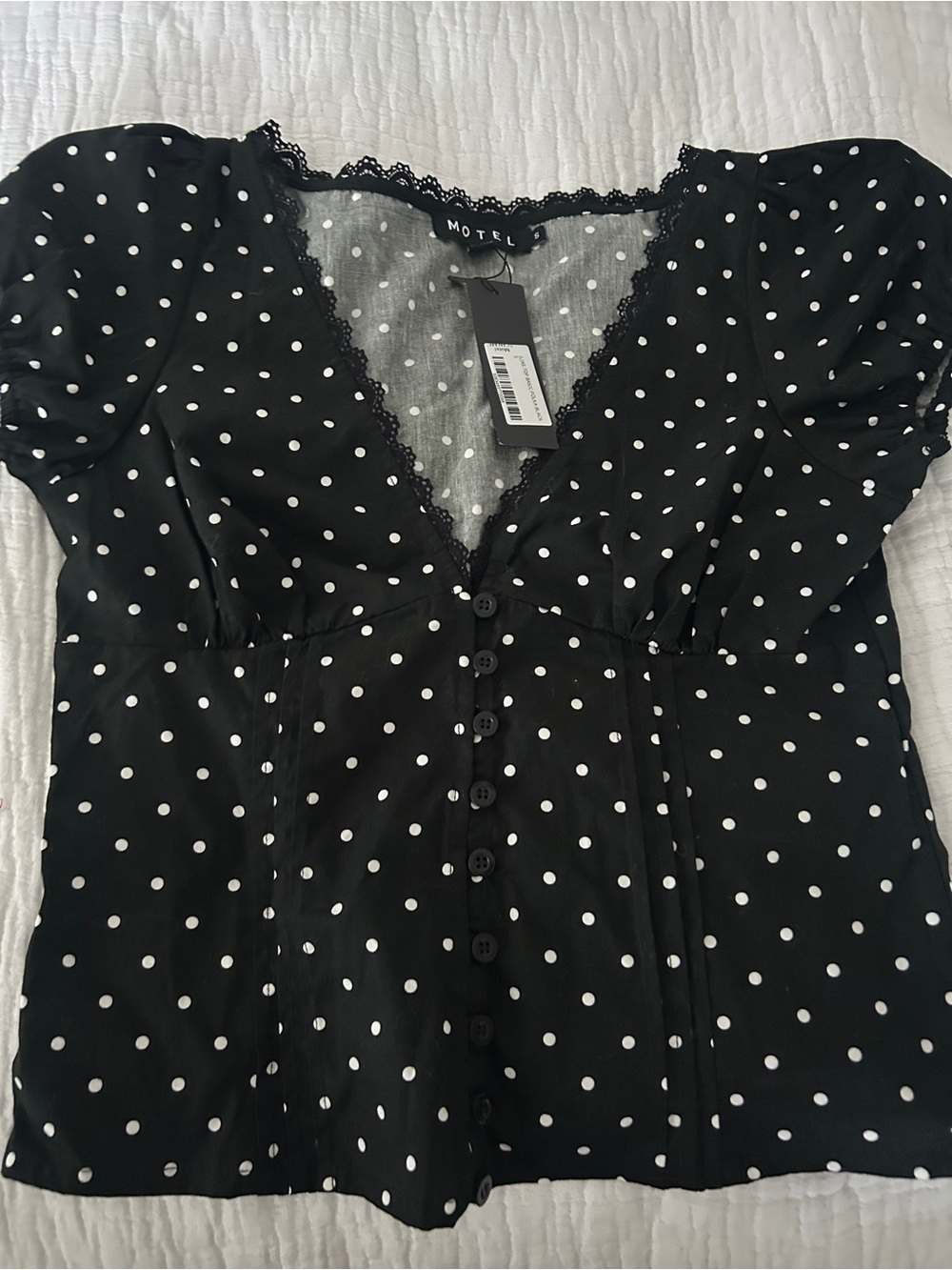 Motel Rocks Black and White Polka Dot Lace-Trim Button Top